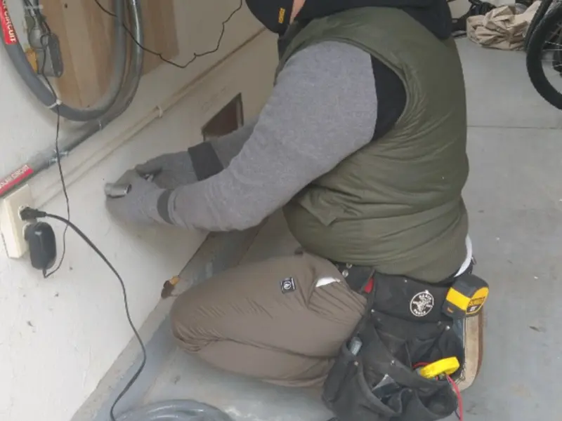 Electrician performing outlet wiring in a Ferndale garage